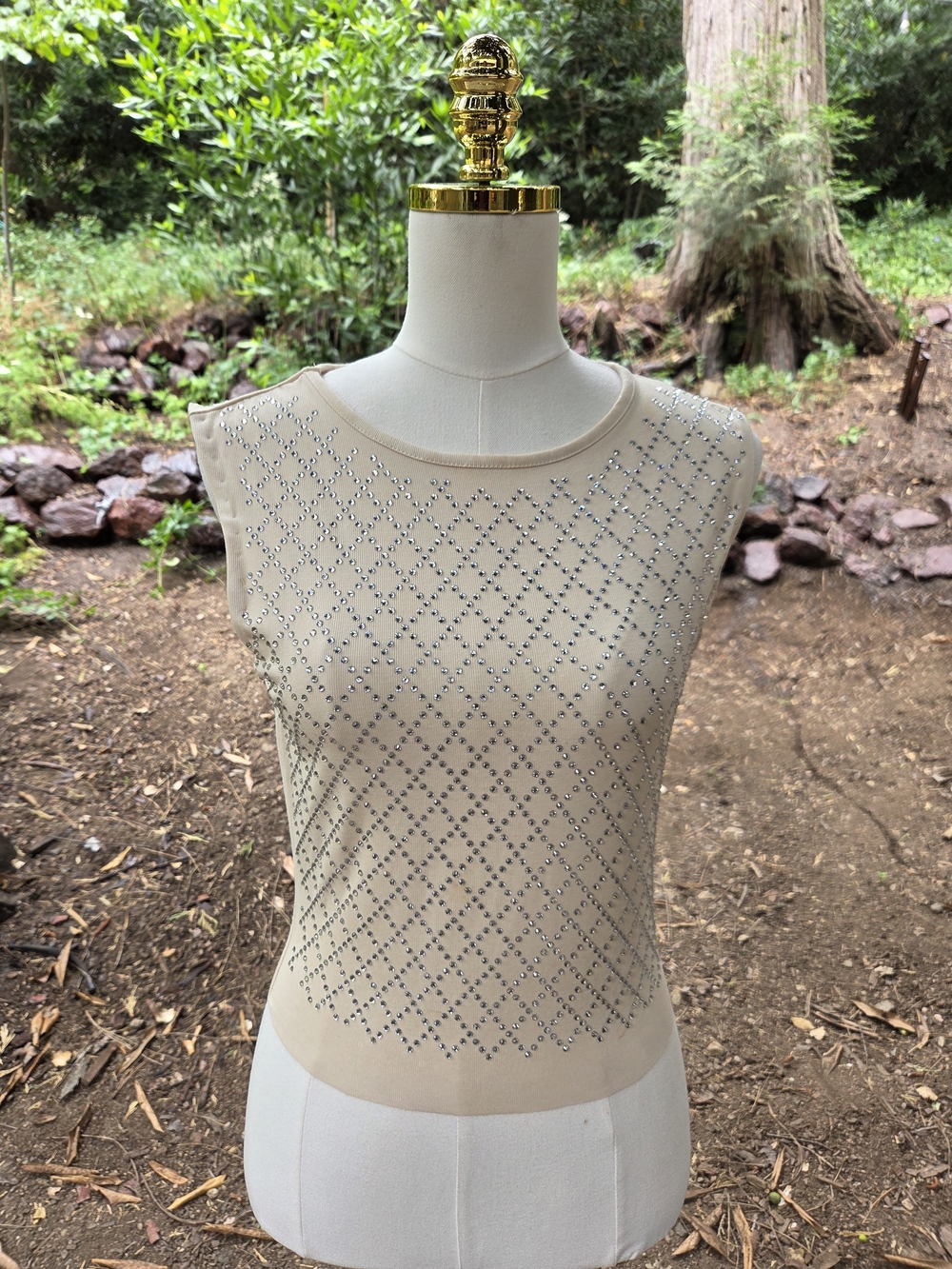 LC Lizette Collection Beige Sleeveless Embellished Rhinestone Bling Knit Top